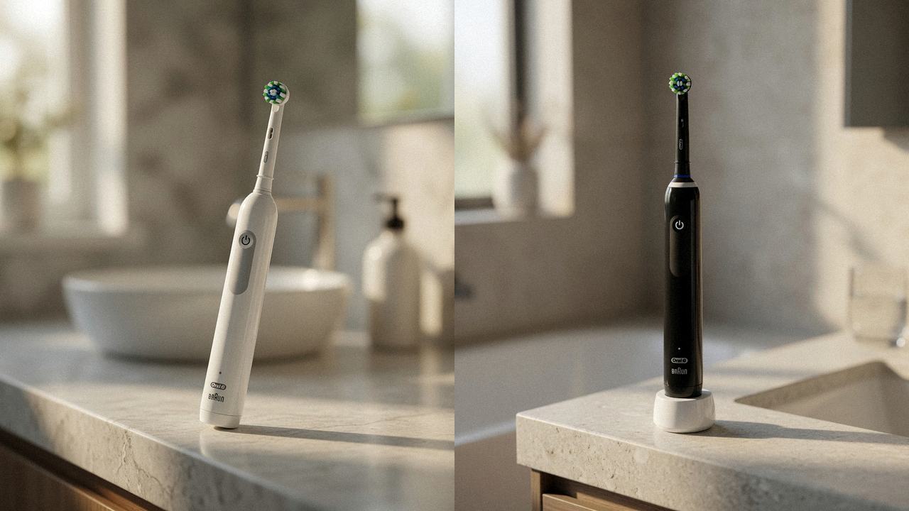 Oral-B Pro 1000 beside Oral-B Smart 1500 on the same bathroom counter