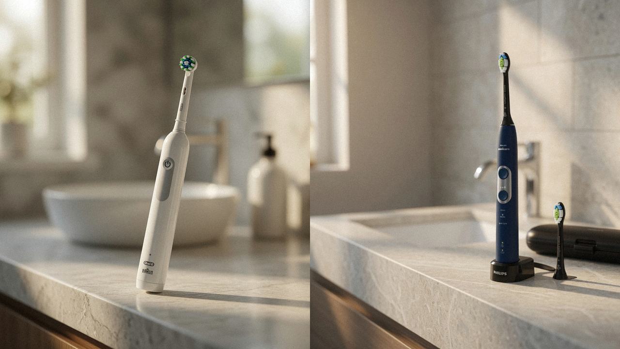 Oral-B Pro 1000 beside Philips Sonicare ProtectiveClean 6100 on the same bathroom counter