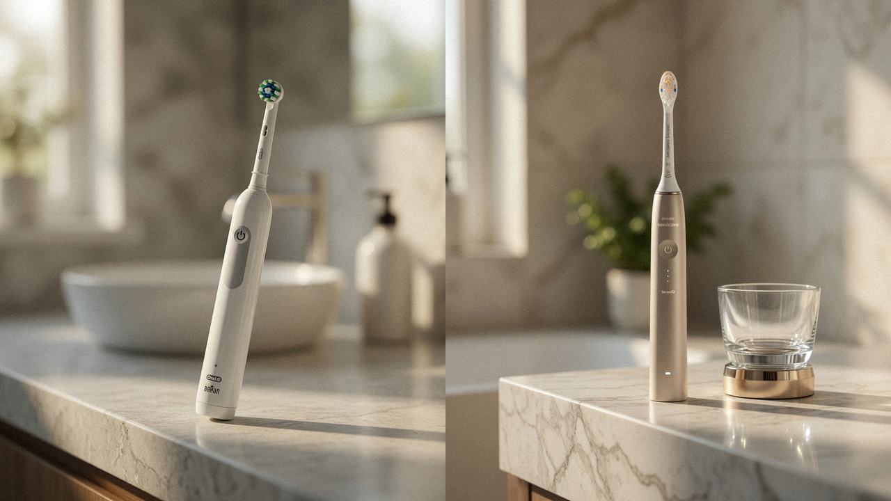 Oral-B Pro 1000 beside Philips Sonicare DiamondClean 9900 Prestige on the same bathroom counter