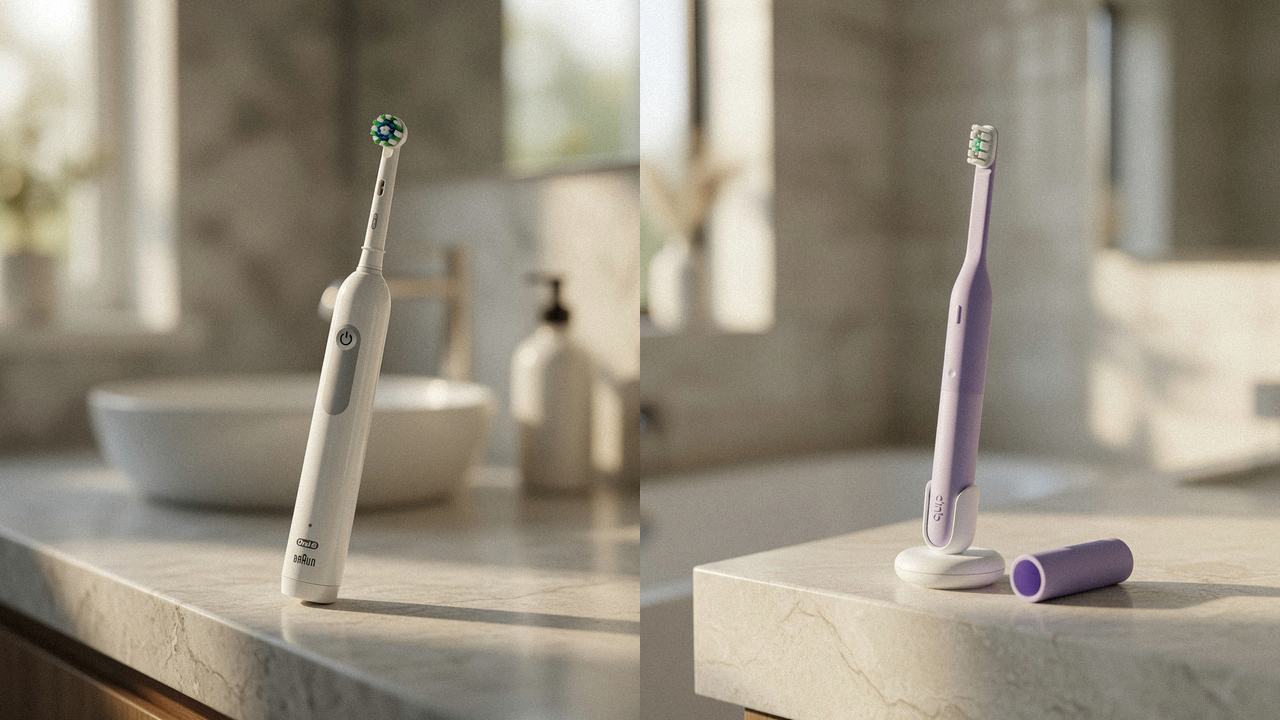 Oral-B Pro 1000 beside Quip Ultra Lite Sonic on the same bathroom counter