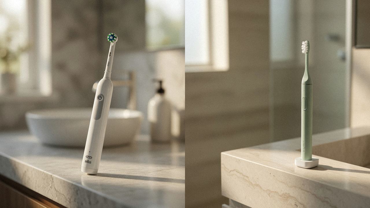 Oral-B Pro 1000 beside SURI 2.0 on the same bathroom counter