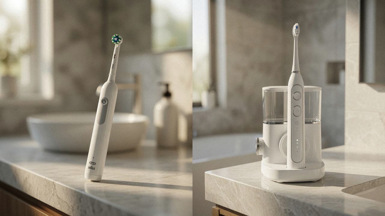 Oral-B Pro 1000 beside Waterpik Sonic-Fusion 2.0 on the same bathroom counter