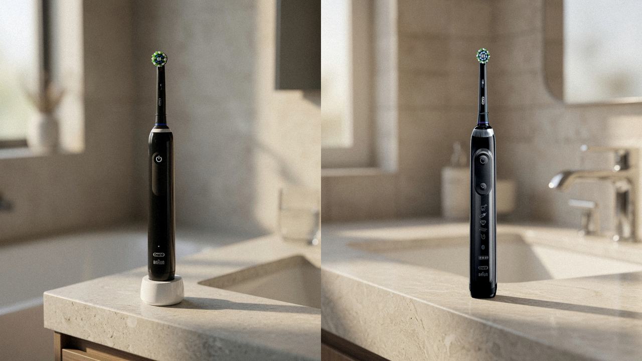 Oral-B Smart 1500 beside Oral-B Genius X on the same bathroom counter