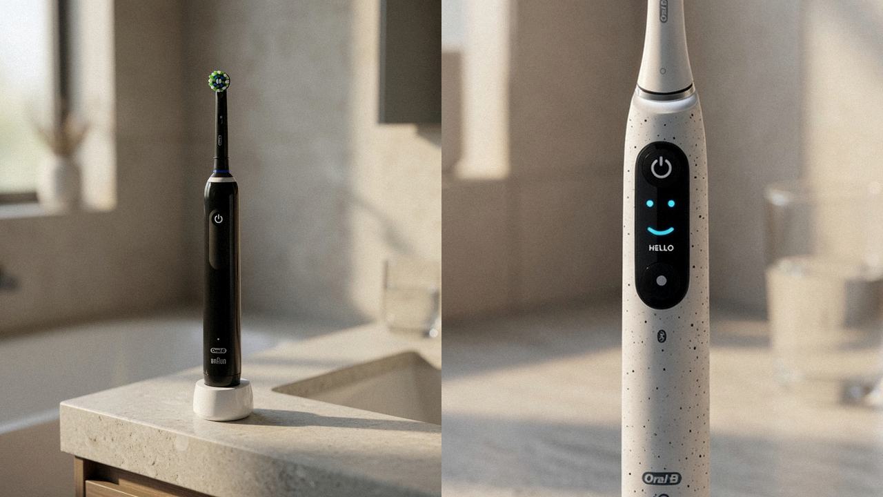 Oral-B Smart 1500 beside Oral-B iO Series 10 on the same bathroom counter