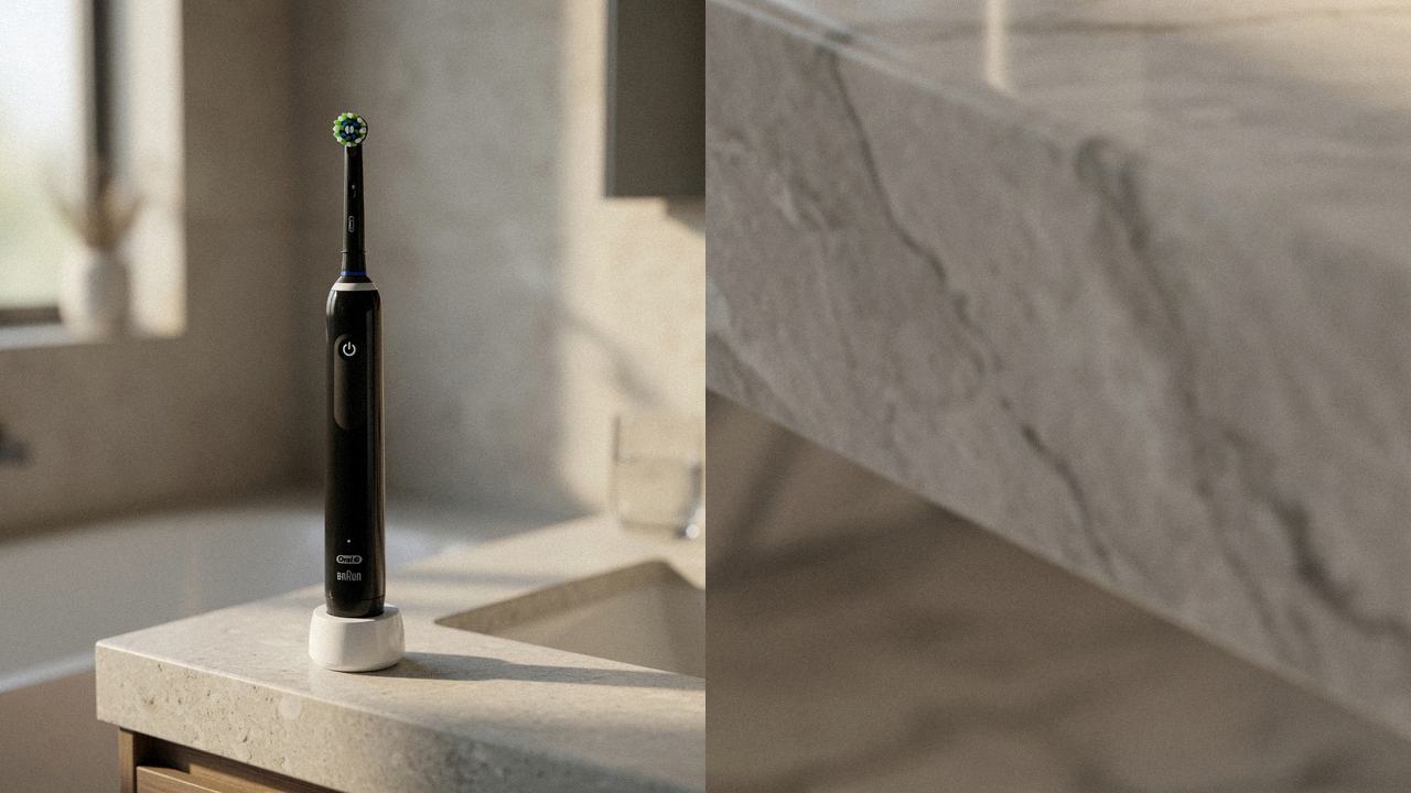Oral-B Smart 1500 beside Oral-B iO Series 5 on the same bathroom counter