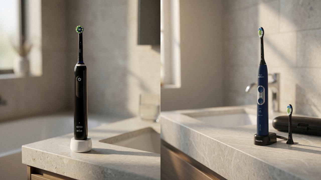 Oral-B Smart 1500 beside Philips Sonicare ProtectiveClean 6100 on the same bathroom counter