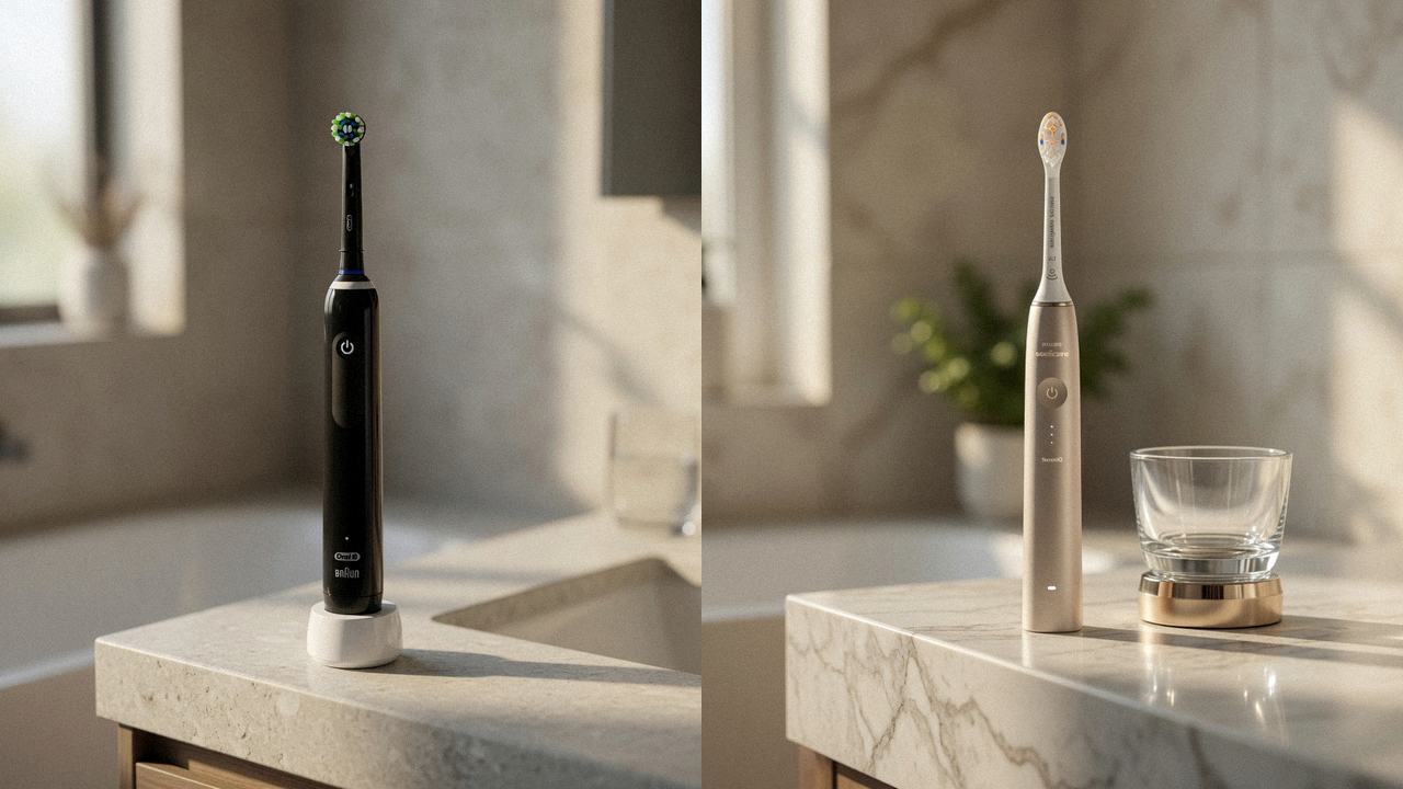 Oral-B Smart 1500 beside Philips Sonicare DiamondClean 9900 Prestige on the same bathroom counter