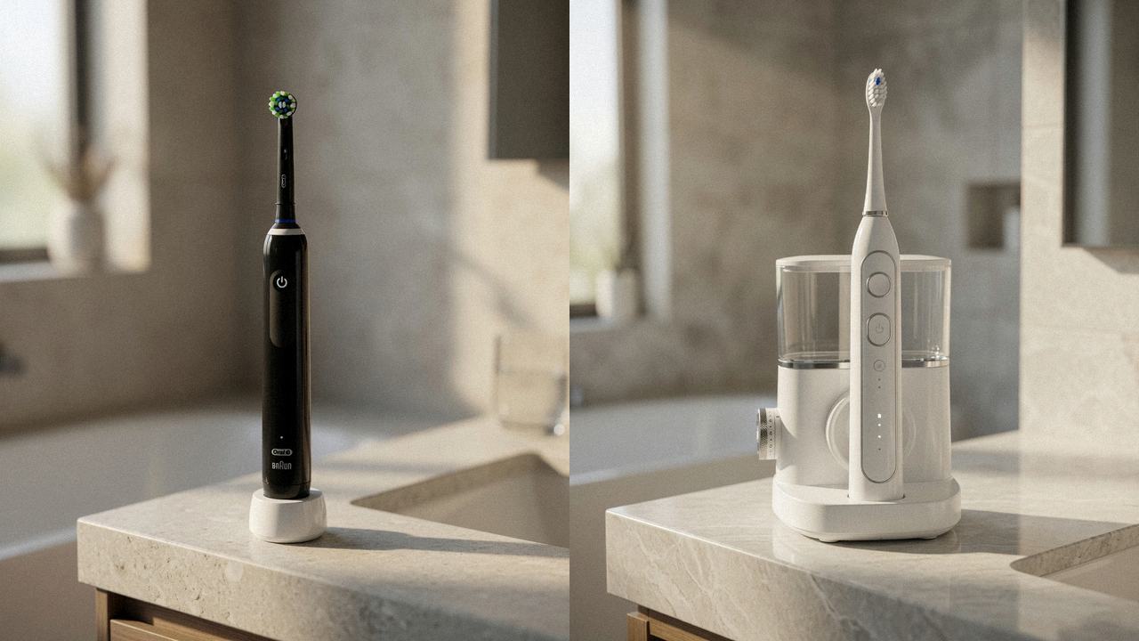 Oral-B Smart 1500 beside Waterpik Sonic-Fusion 2.0 on the same bathroom counter