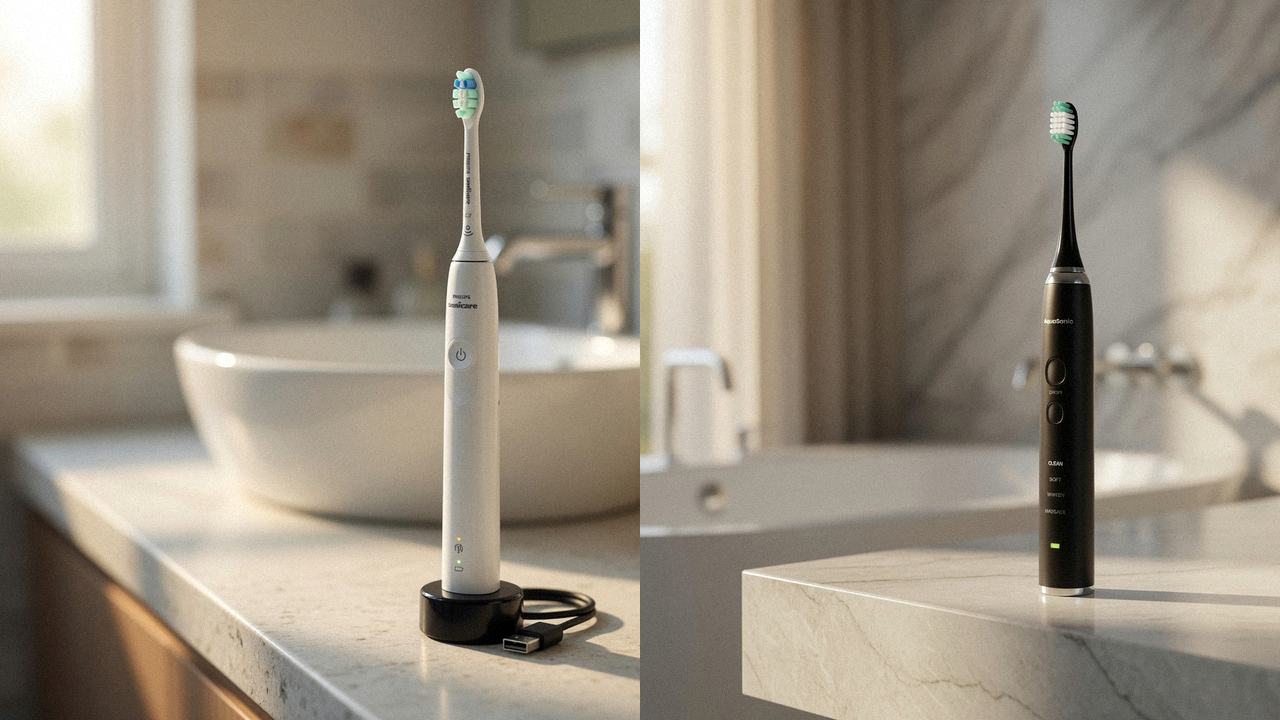 Philips Sonicare 4100 beside AquaSonic Black Series on the same bathroom counter
