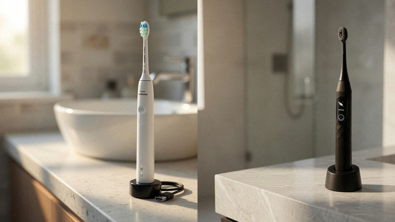 Philips Sonicare 4100 beside Burst Pro 2.0 on the same bathroom counter