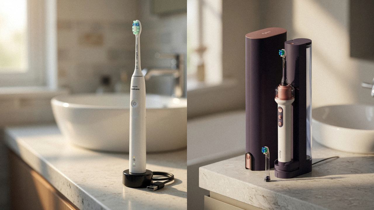 Philips Sonicare 4100 beside Dyson CameraJet on the same bathroom counter
