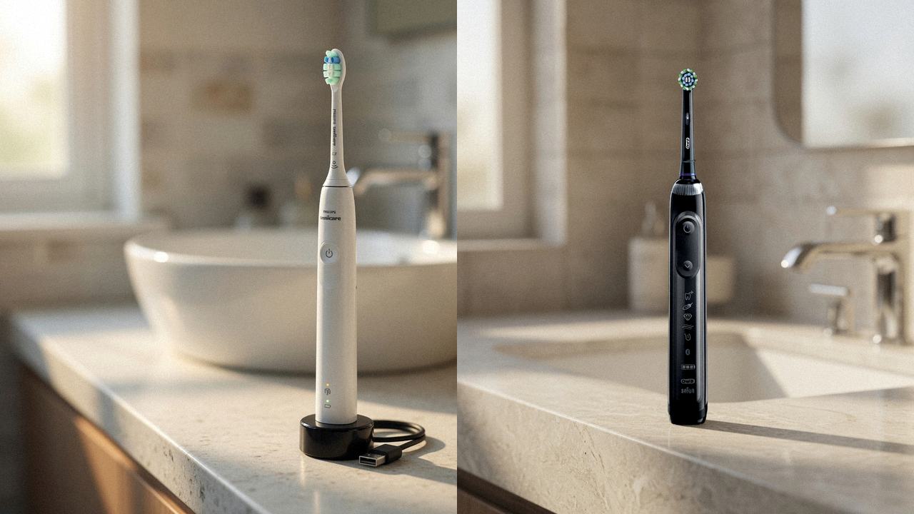 Philips Sonicare 4100 beside Oral-B Genius X on the same bathroom counter