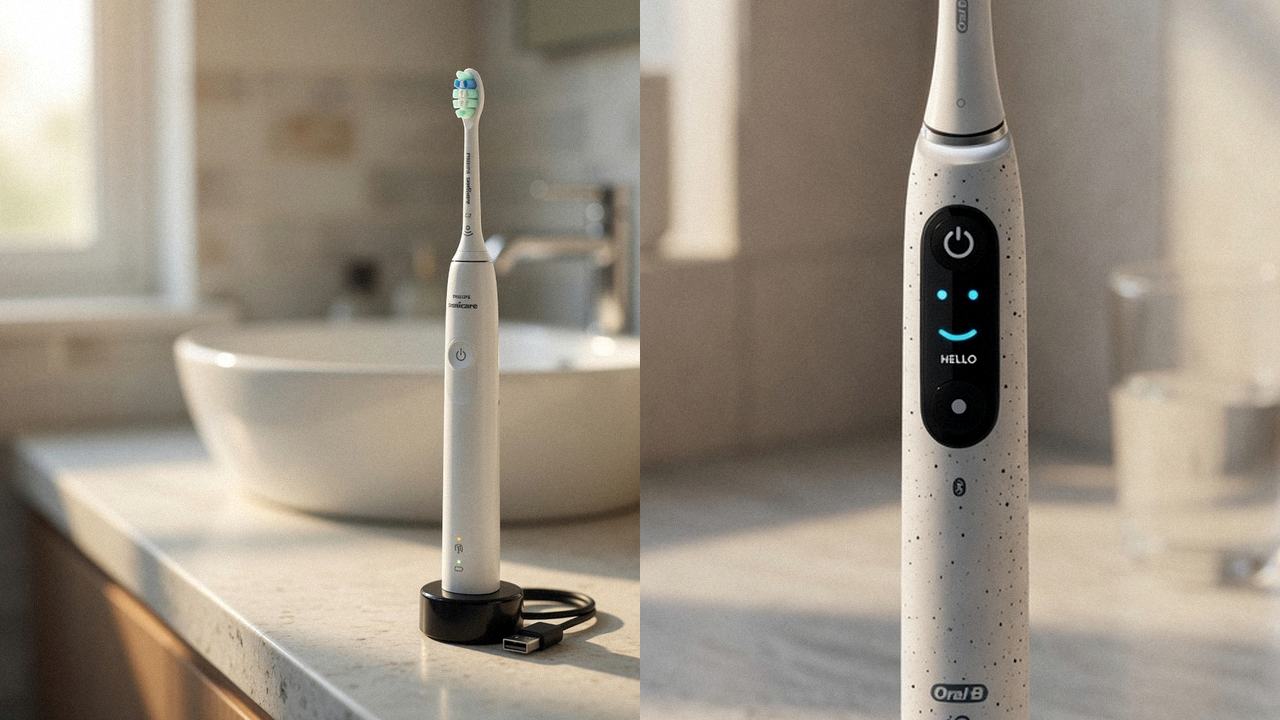 Philips Sonicare 4100 beside Oral-B iO Series 10 on the same bathroom counter
