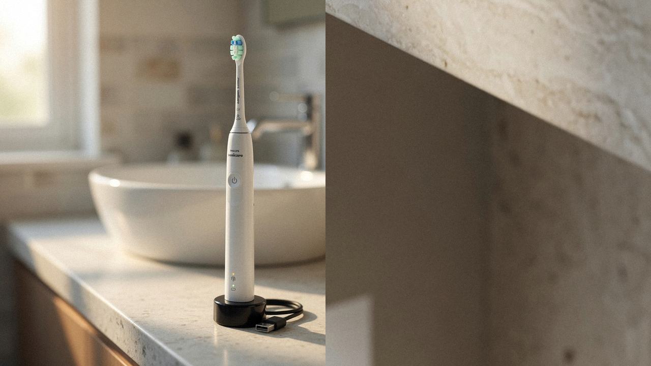 Philips Sonicare 4100 beside Oral-B iO Series 2 on the same bathroom counter