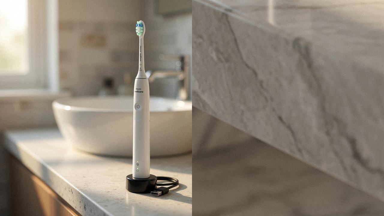 Philips Sonicare 4100 beside Oral-B iO Series 5 on the same bathroom counter