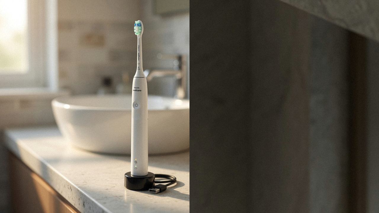 Philips Sonicare 4100 beside Oral-B iO Series 7 on the same bathroom counter