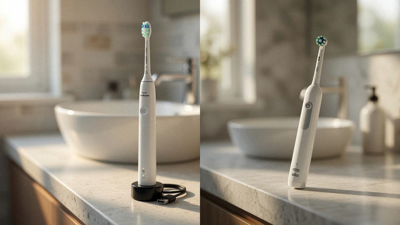 Philips Sonicare 4100 beside Oral-B Pro 1000 on the same bathroom counter
