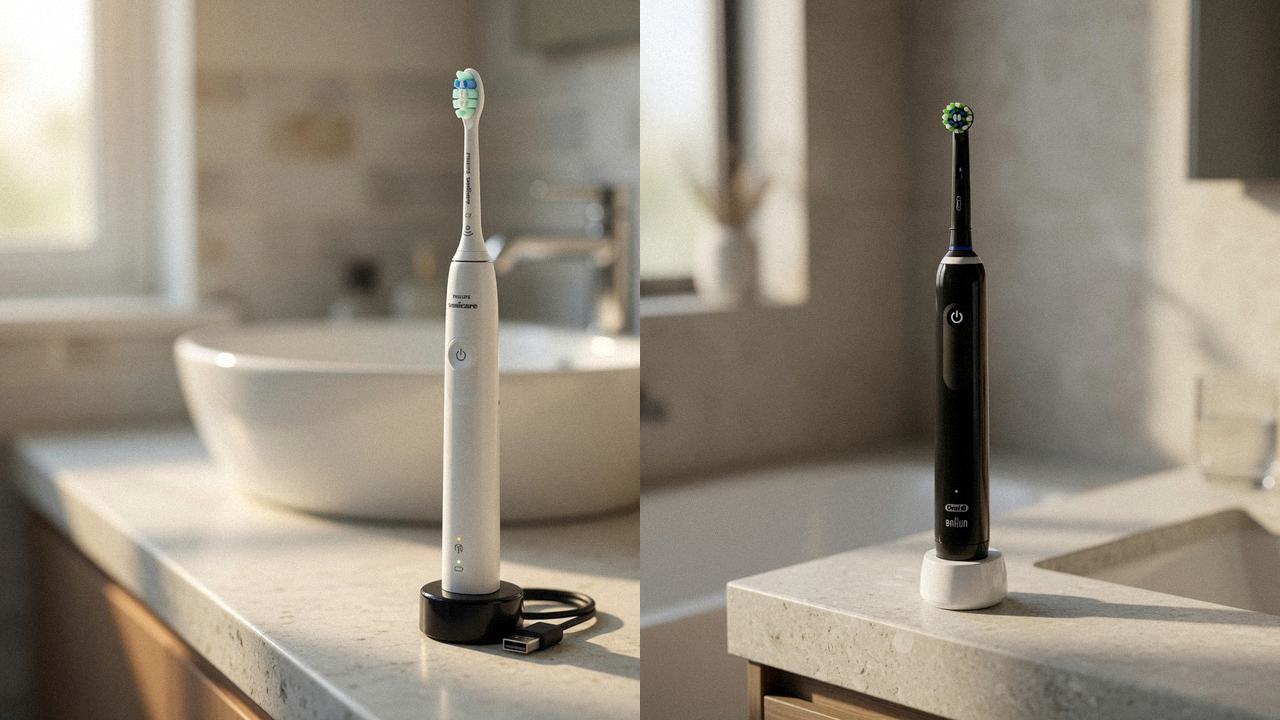 Philips Sonicare 4100 beside Oral-B Smart 1500 on the same bathroom counter