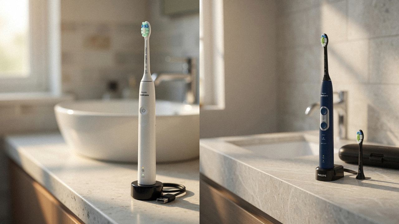 Philips Sonicare 4100 beside Philips Sonicare ProtectiveClean 6100 on the same bathroom counter