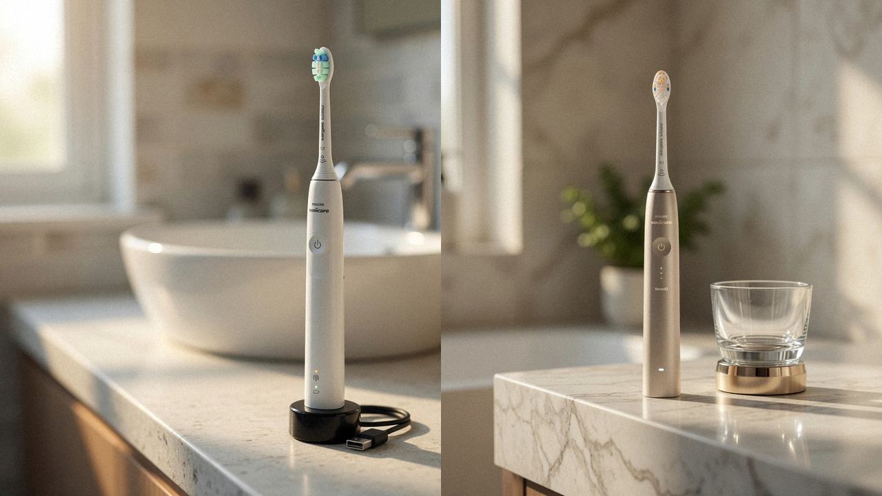 Philips Sonicare 4100 beside Philips Sonicare DiamondClean 9900 Prestige on the same bathroom counter