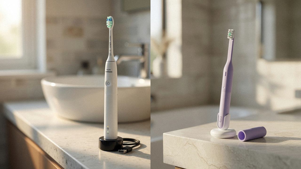 Philips Sonicare 4100 beside Quip Ultra Lite Sonic on the same bathroom counter