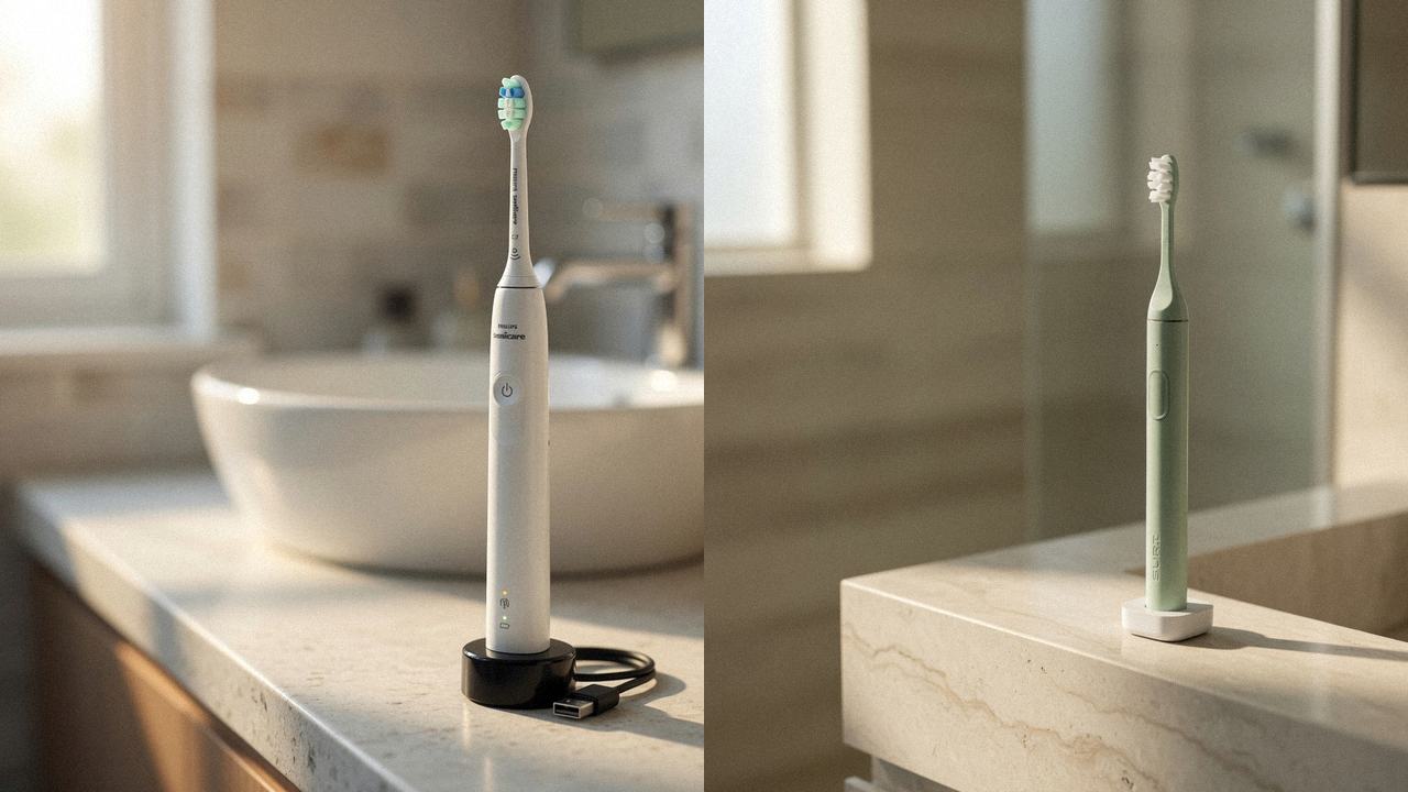 Philips Sonicare 4100 beside SURI 2.0 on the same bathroom counter