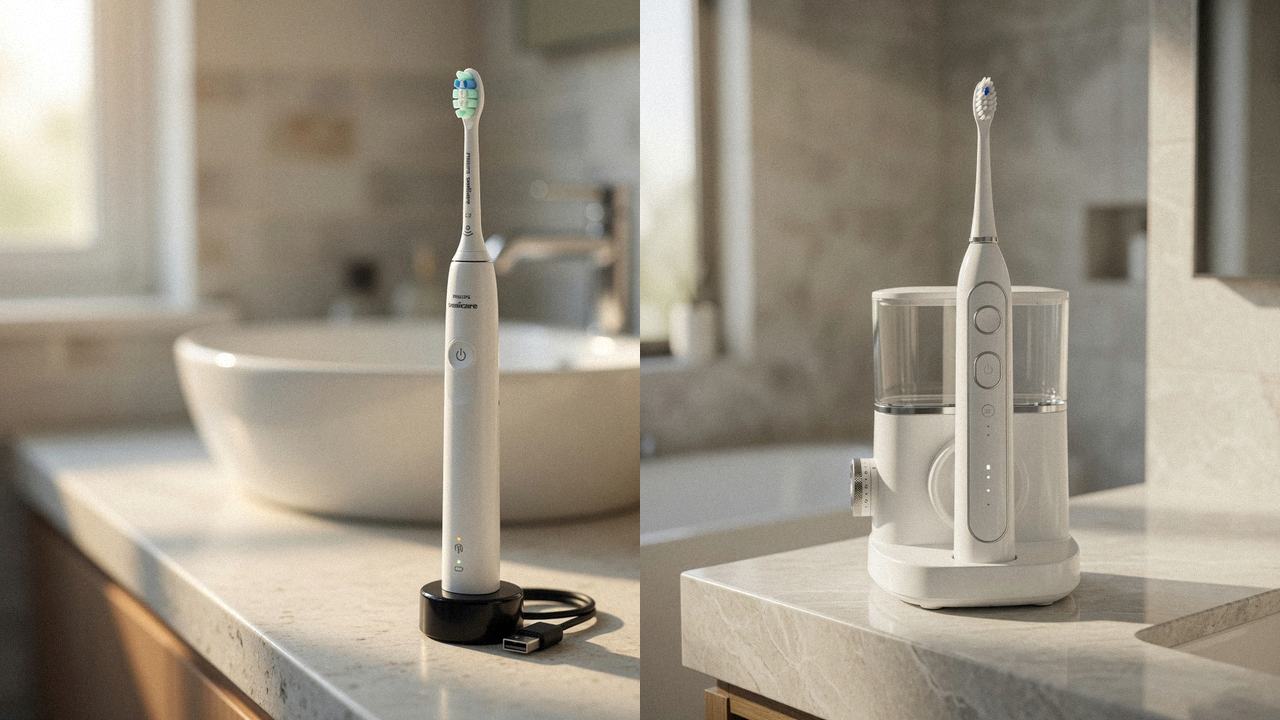 Philips Sonicare 4100 beside Waterpik Sonic-Fusion 2.0 on the same bathroom counter