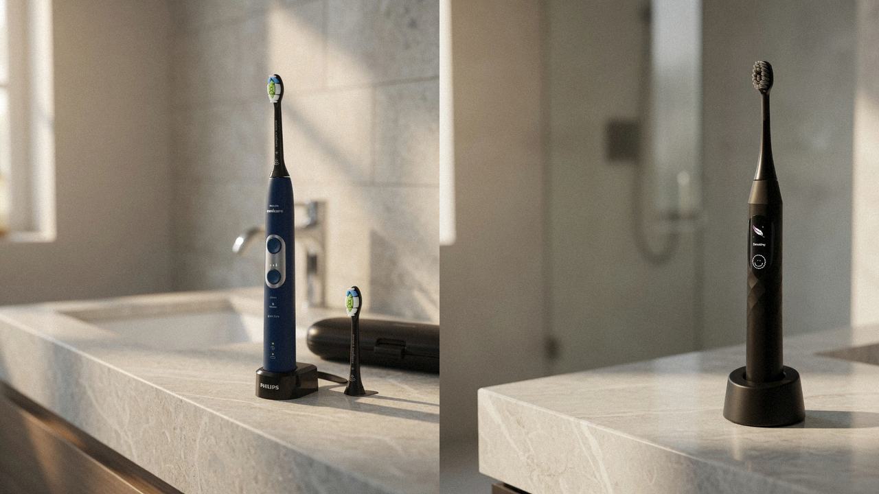 Philips Sonicare ProtectiveClean 6100 beside Burst Pro 2.0 on the same bathroom counter
