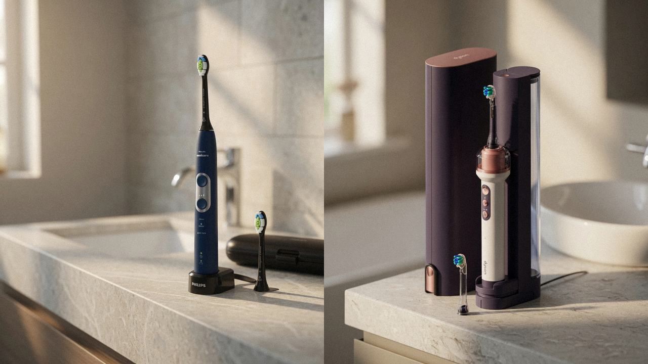 Philips Sonicare ProtectiveClean 6100 beside Dyson CameraJet on the same bathroom counter