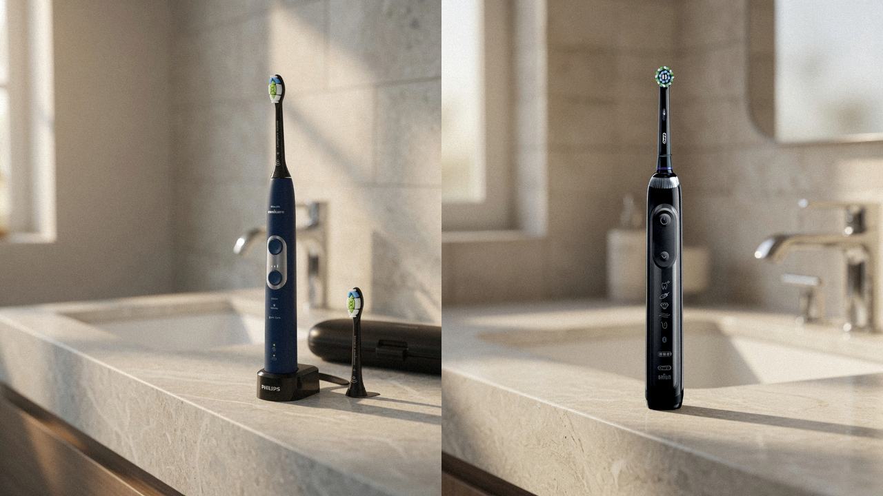 Philips Sonicare ProtectiveClean 6100 beside Oral-B Genius X on the same bathroom counter