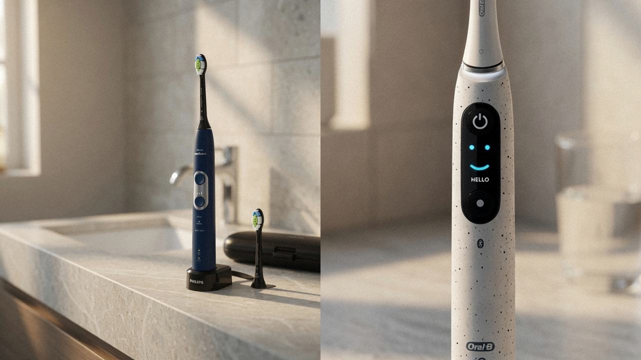 Philips Sonicare ProtectiveClean 6100 beside Oral-B iO Series 10 on the same bathroom counter