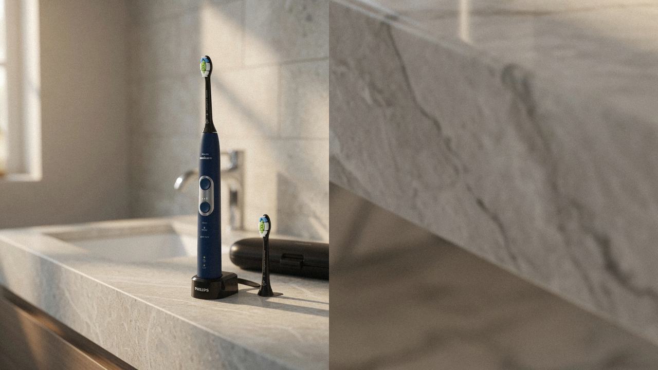 Philips Sonicare ProtectiveClean 6100 beside Oral-B iO Series 5 on the same bathroom counter