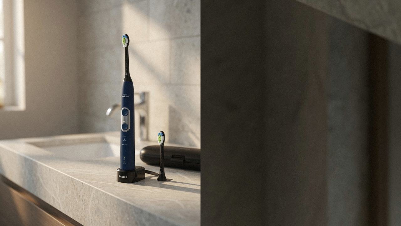 Philips Sonicare ProtectiveClean 6100 beside Oral-B iO Series 7 on the same bathroom counter