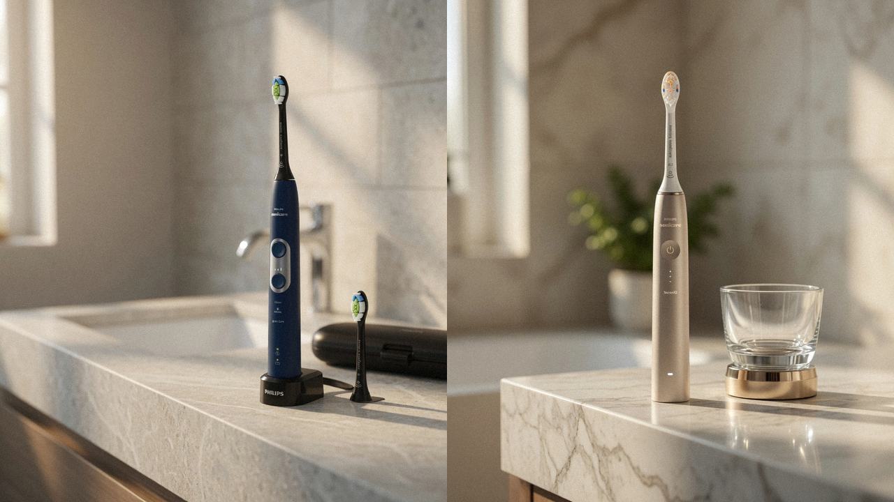 Philips Sonicare ProtectiveClean 6100 beside Philips Sonicare DiamondClean 9900 Prestige on the same bathroom counter
