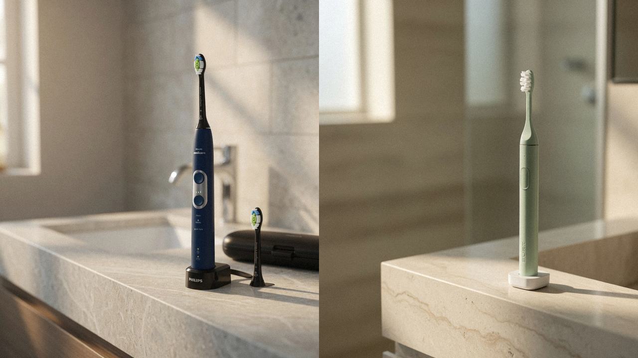Philips Sonicare ProtectiveClean 6100 beside SURI 2.0 on the same bathroom counter