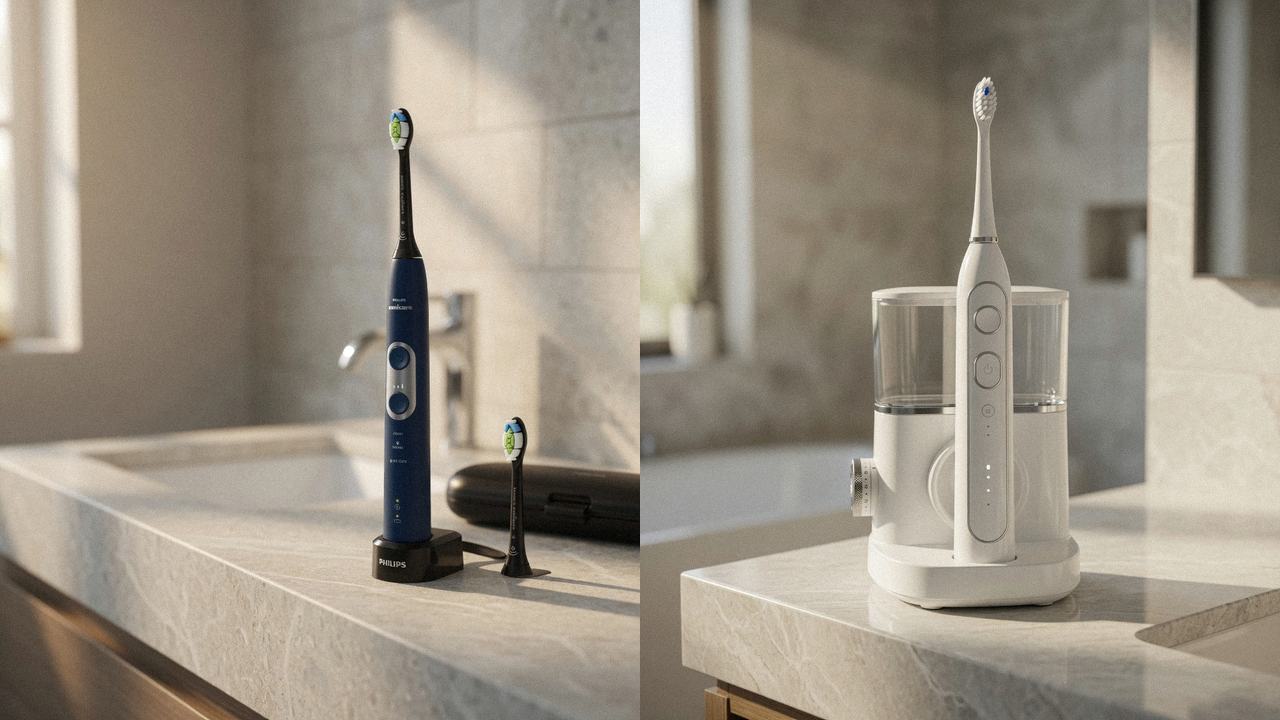 Philips Sonicare ProtectiveClean 6100 beside Waterpik Sonic-Fusion 2.0 on the same bathroom counter