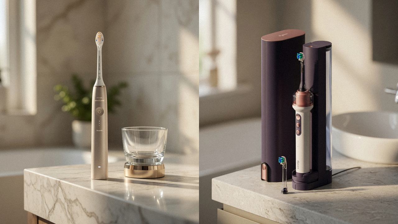 Philips Sonicare DiamondClean 9900 Prestige beside Dyson CameraJet on the same bathroom counter