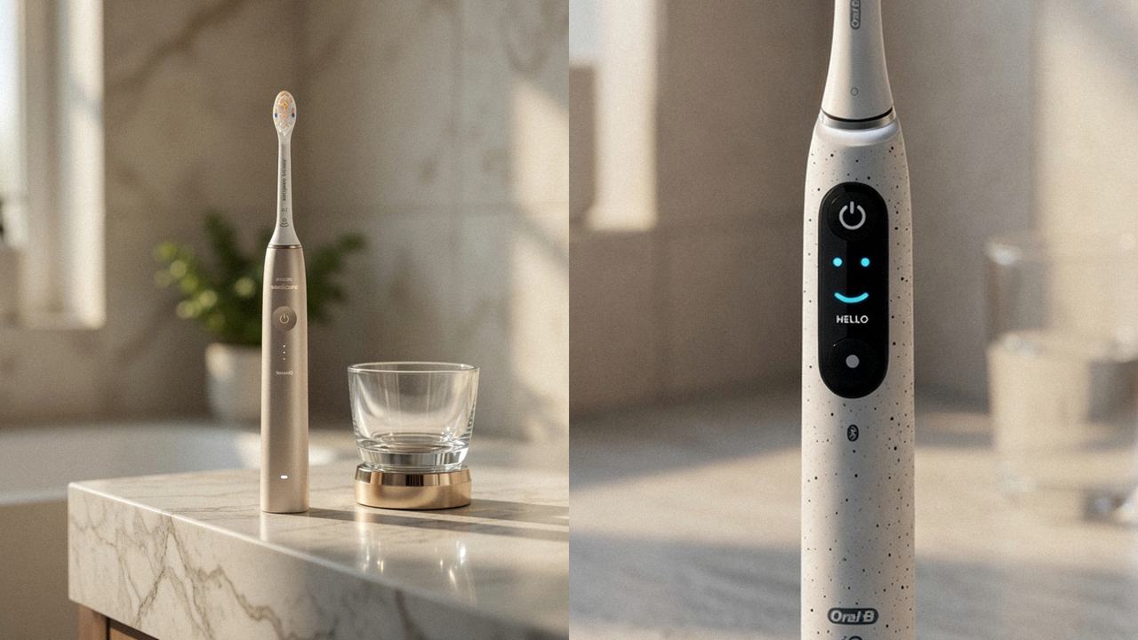Philips Sonicare DiamondClean 9900 Prestige beside Oral-B iO Series 10 on the same bathroom counter
