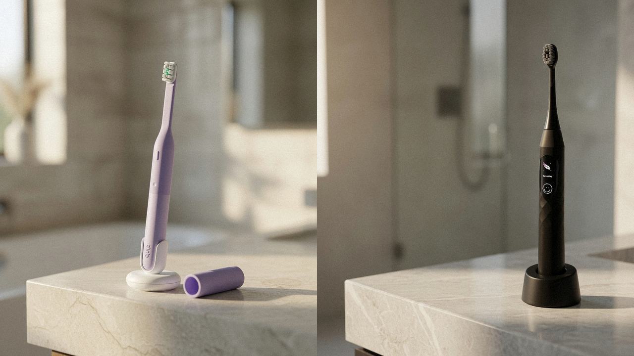 Quip Ultra Lite Sonic beside Burst Pro 2.0 on the same bathroom counter