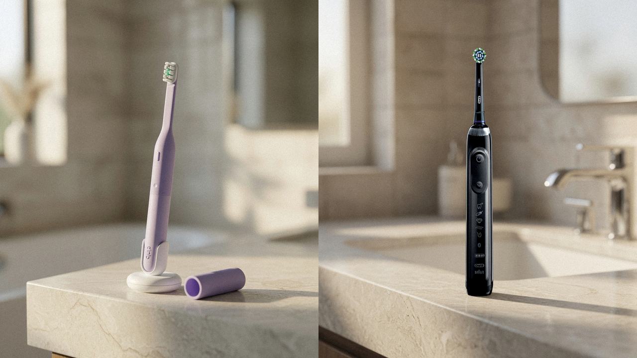 Quip Ultra Lite Sonic beside Oral-B Genius X on the same bathroom counter