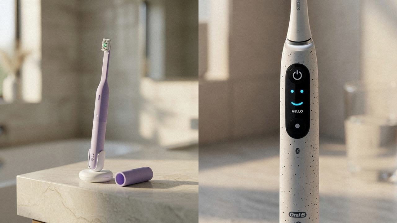 Quip Ultra Lite Sonic beside Oral-B iO Series 10 on the same bathroom counter