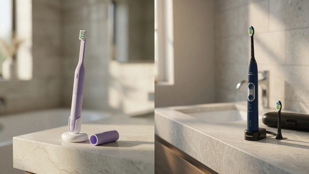 Quip Ultra Lite Sonic beside Philips Sonicare ProtectiveClean 6100 on the same bathroom counter