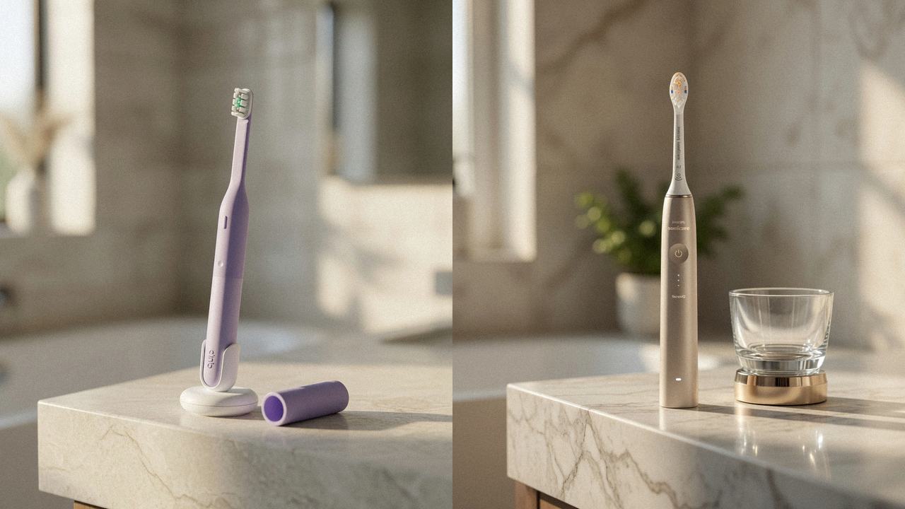 Quip Ultra Lite Sonic beside Philips Sonicare DiamondClean 9900 Prestige on the same bathroom counter