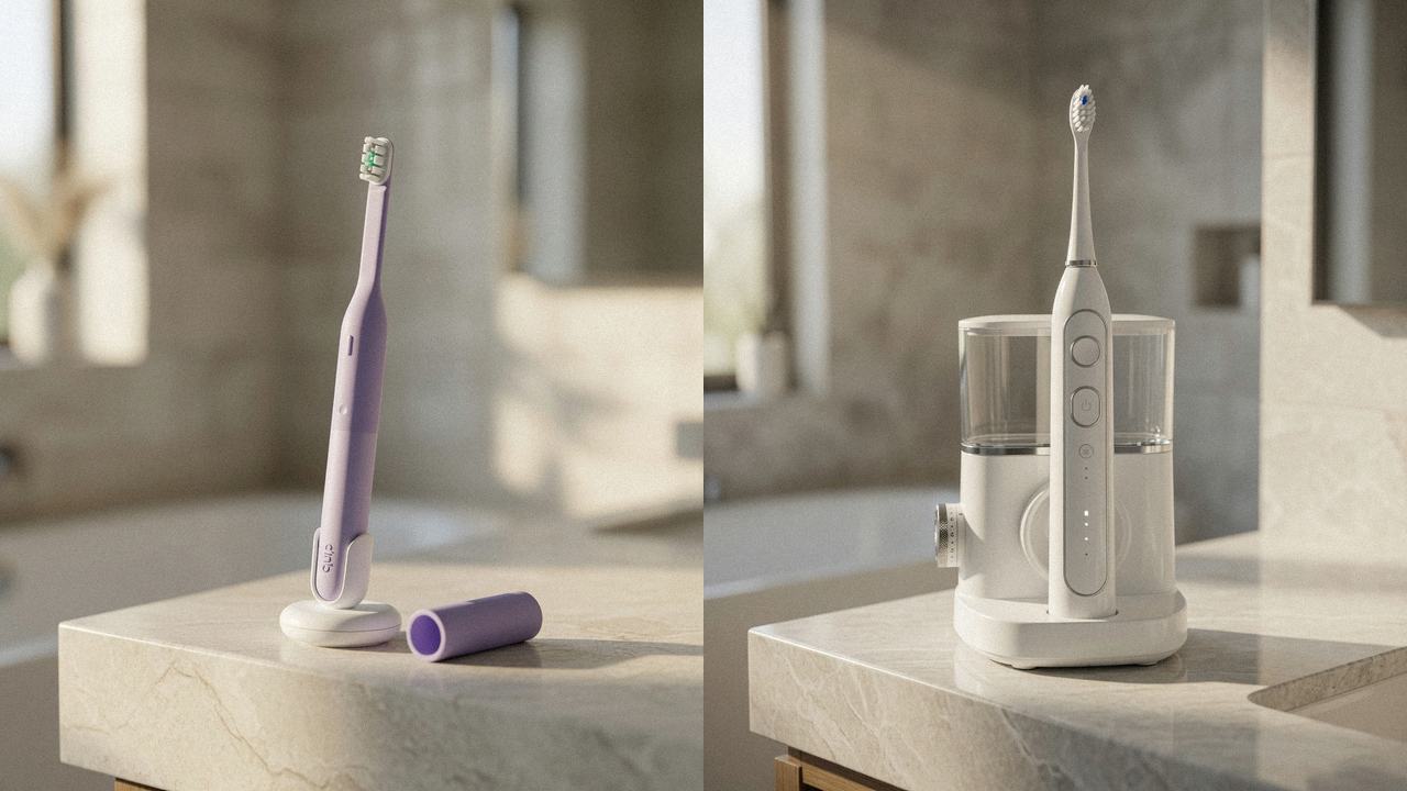 Quip Ultra Lite Sonic beside Waterpik Sonic-Fusion 2.0 on the same bathroom counter