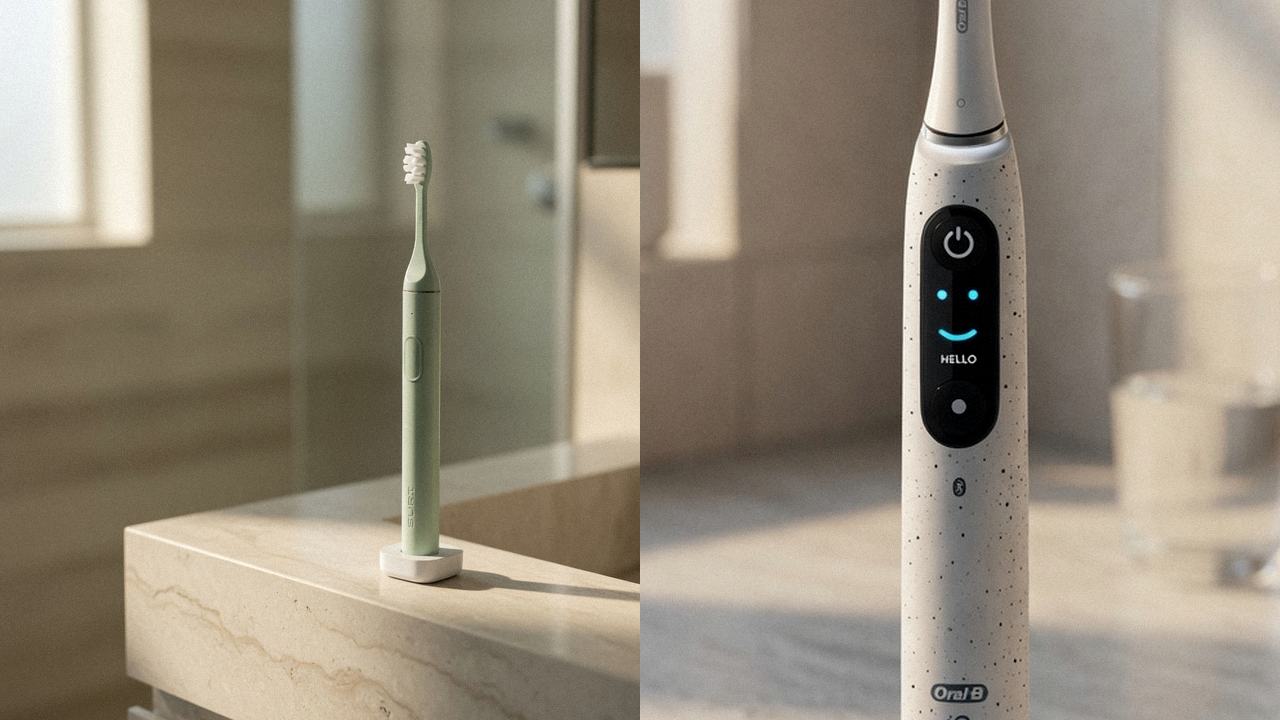 SURI 2.0 beside Oral-B iO Series 10 on the same bathroom counter