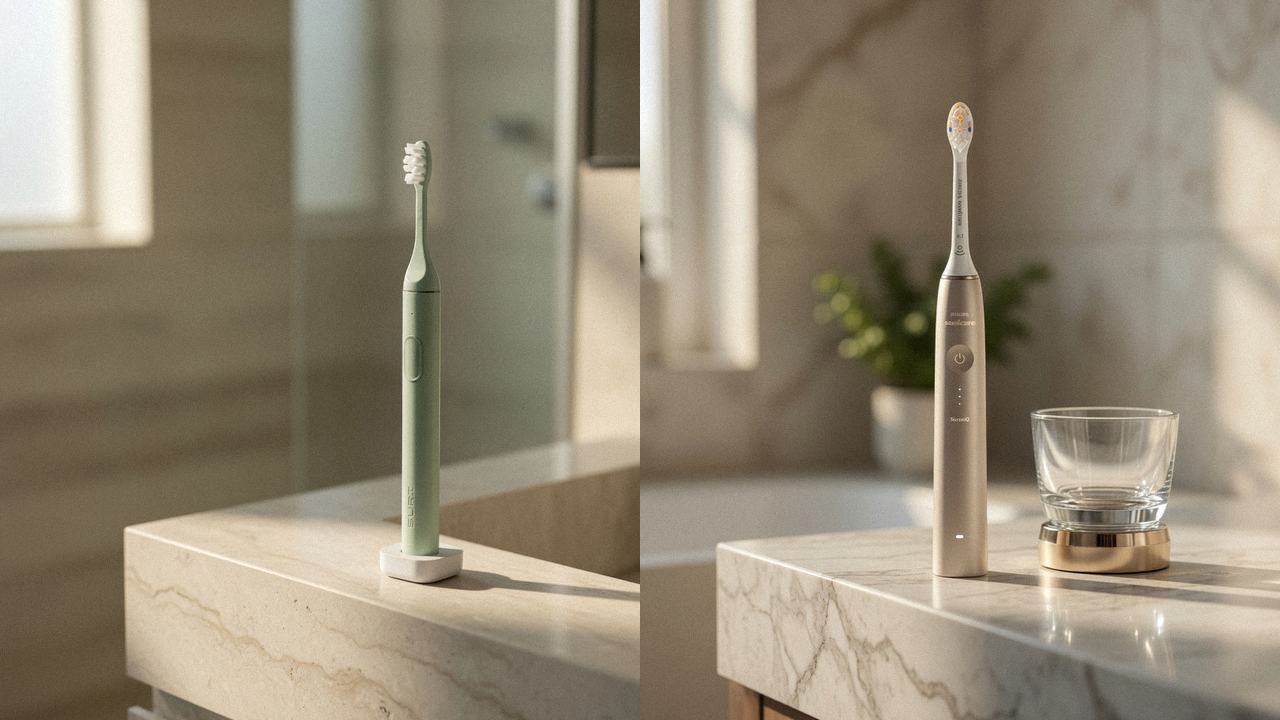 SURI 2.0 beside Philips Sonicare DiamondClean 9900 Prestige on the same bathroom counter