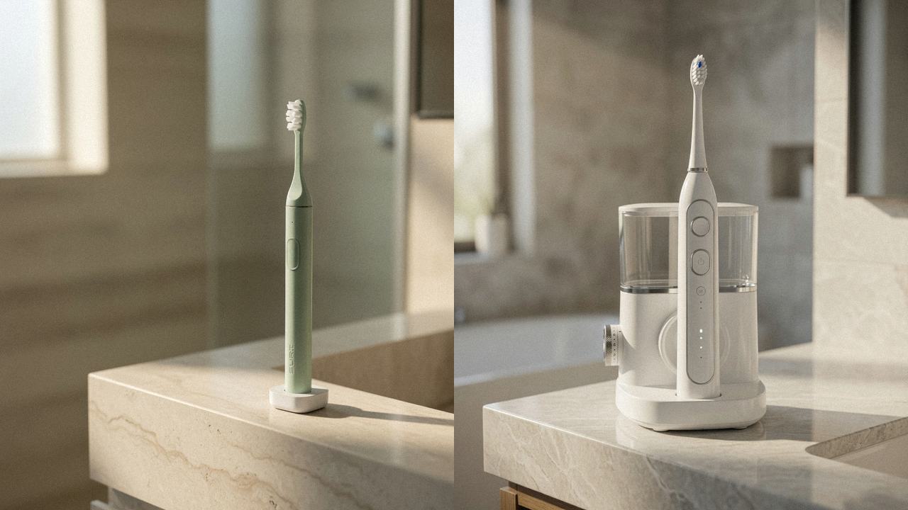 SURI 2.0 beside Waterpik Sonic-Fusion 2.0 on the same bathroom counter