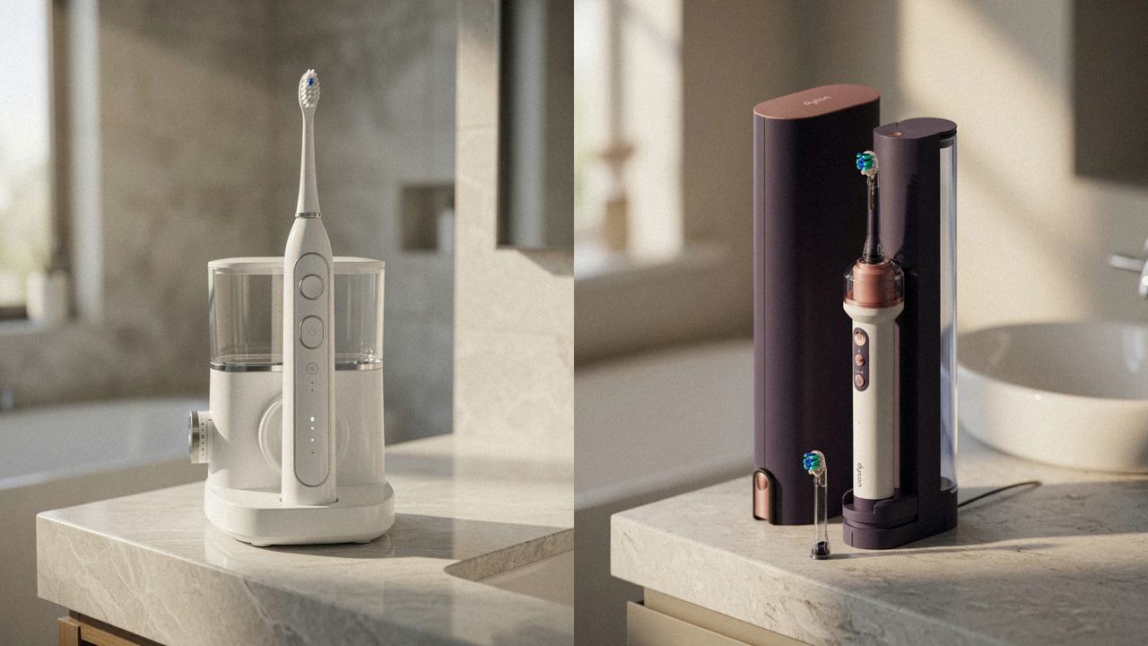 Waterpik Sonic-Fusion 2.0 beside Dyson CameraJet on the same bathroom counter