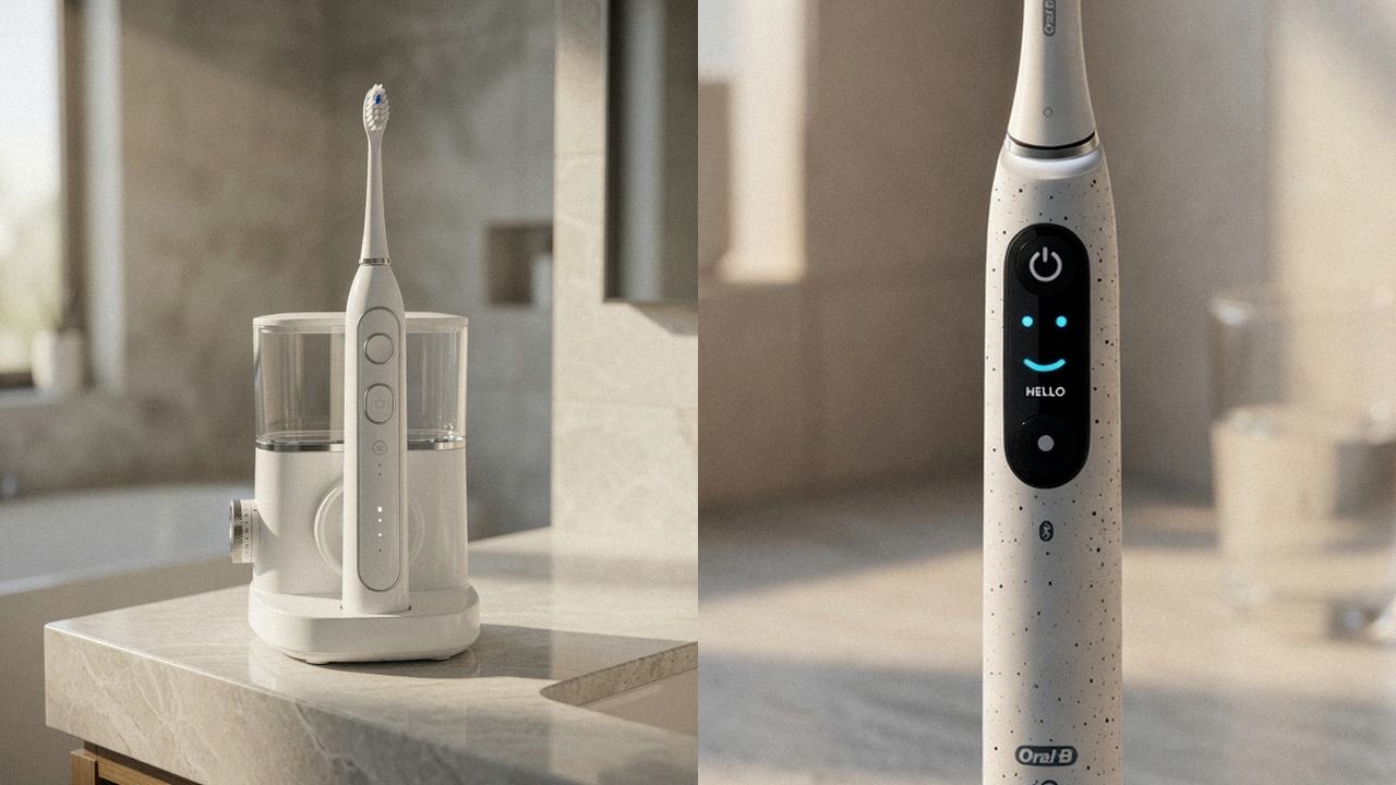 Waterpik Sonic-Fusion 2.0 beside Oral-B iO Series 10 on the same bathroom counter