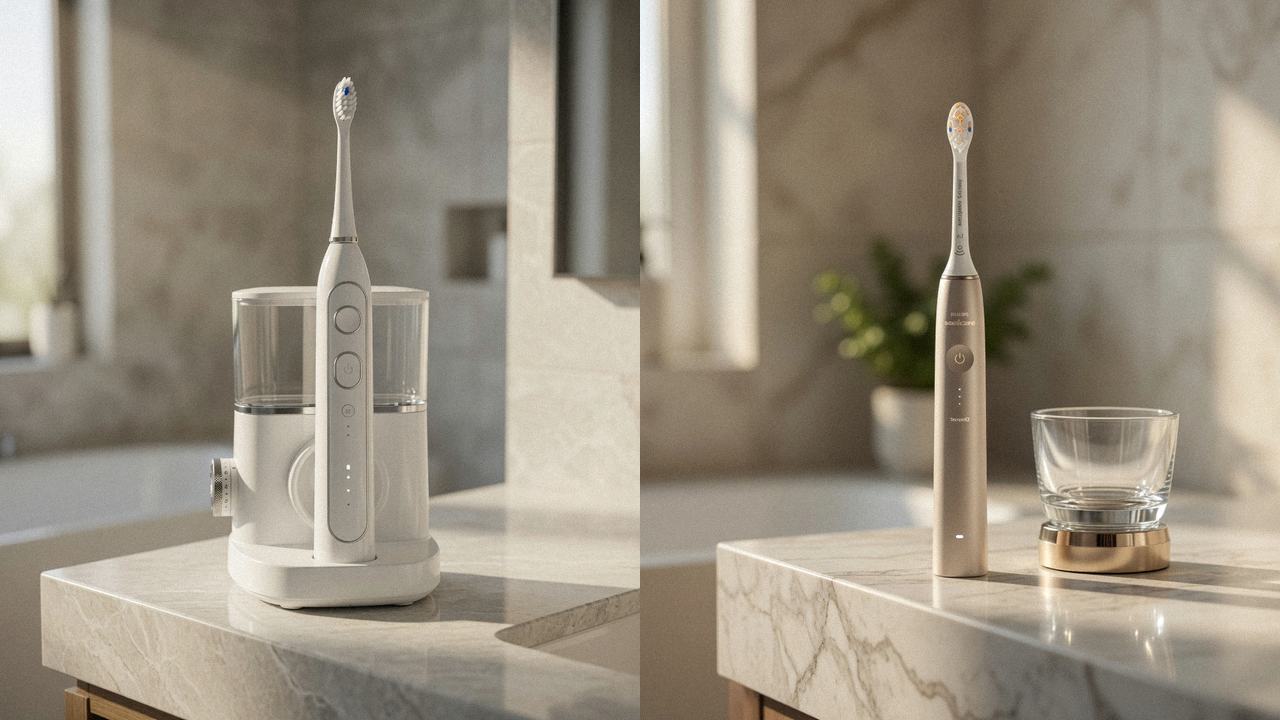 Waterpik Sonic-Fusion 2.0 beside Philips Sonicare DiamondClean 9900 Prestige on the same bathroom counter
